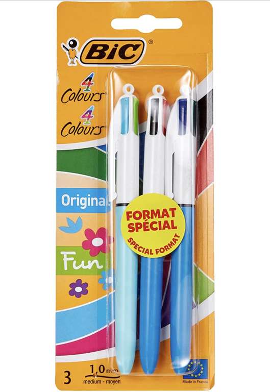 Bic Pack de 3 Bolígrafos Retráctiles Medianos de 4 Colores (Blíster de 3 Colores Surtidos)