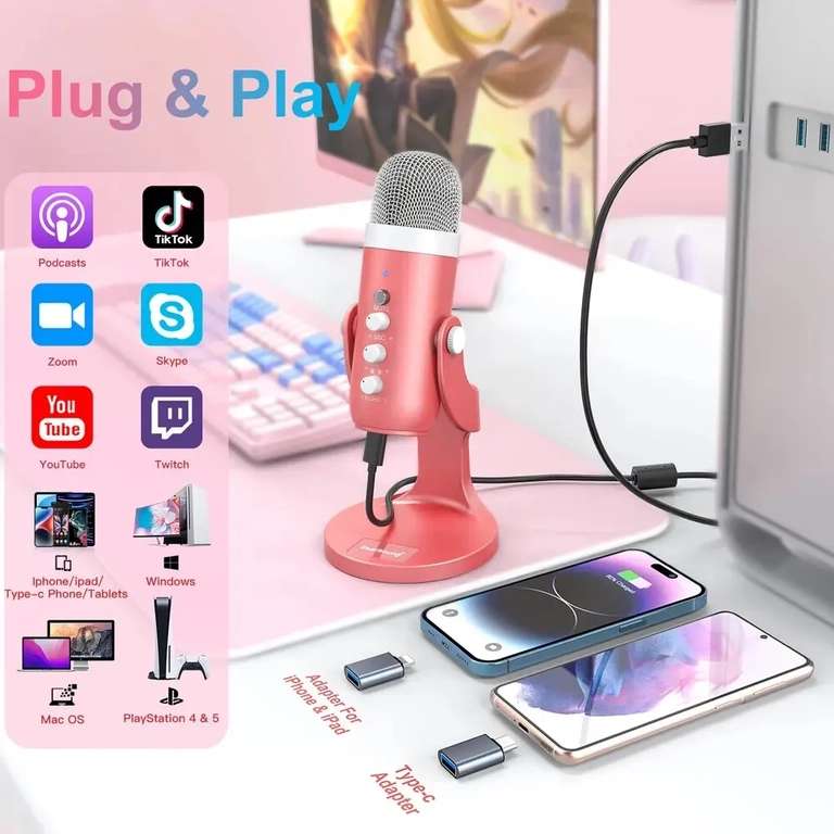 Micrófono de grabación de estudio rosa para PC