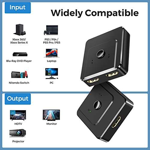 HDMI Switch 4K HDMI Splitter, Duplicador HDMI Bidireccional 2 Entradas a 1 Salida o Switch 1 in 2 out, Soporta 4K 3D, 1080P y HDCP