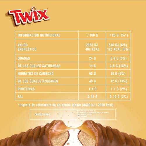 Twix Chocolatina con Galleta crujiente y suave caramelo recubiertos de chocolate con leche, en barrita doble, Multipack (5 x 50g)