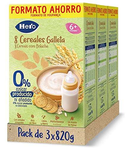 Hero Baby - Papilla de 8 Cereales con Galleta sin Azúcares Añadidos, para Bebés a Partir de los 6 Meses - Pack de 3 x 820 g