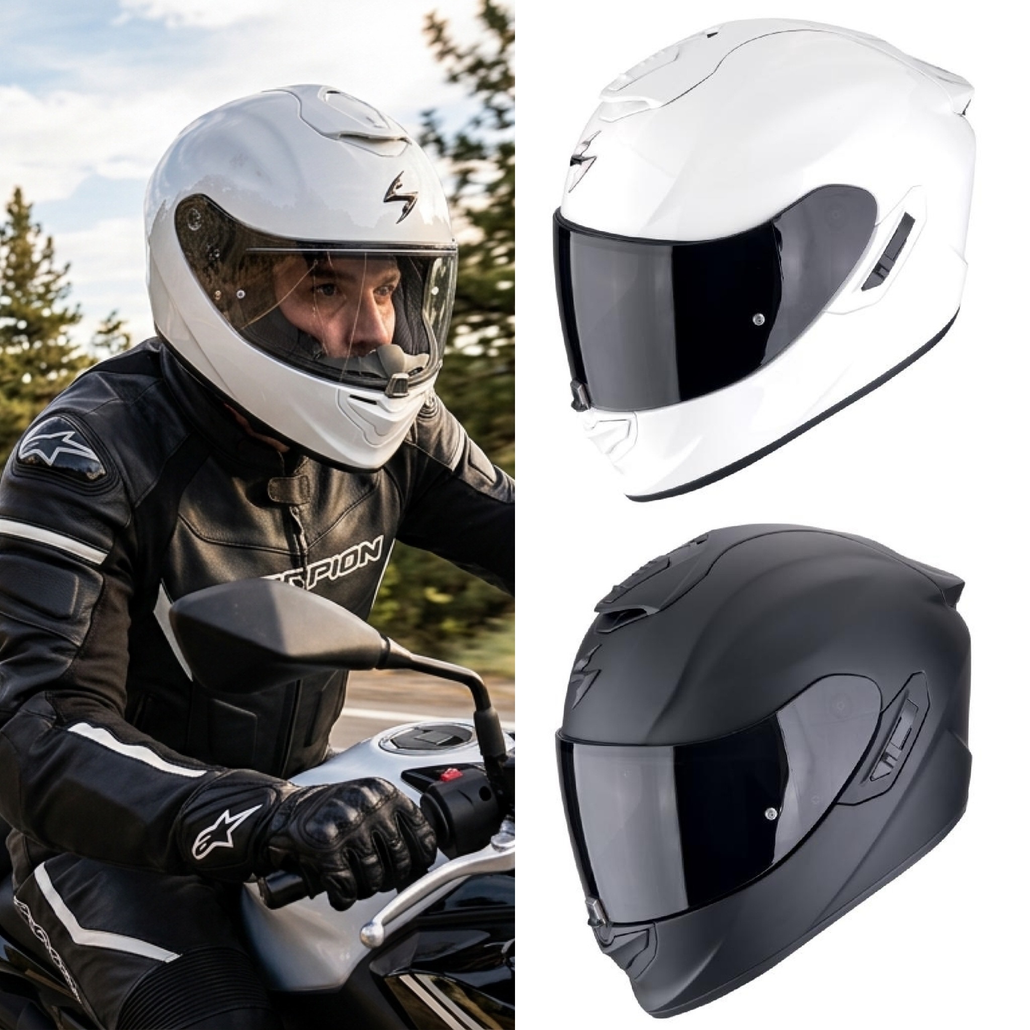 Casco de moto SCORPION EXO 1400 EVO II Air | FIBRA | ECE22.06 | DD | Con PinLock | Blanco XL y 2 XL / Negro M y Xl