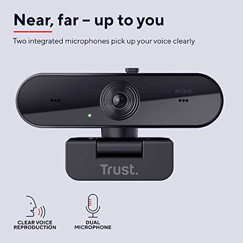 Trust Taxon Webcam 2K QHD, Cámara Web 2560x1440p, Filtro de Privacidad, Enfoque Automático, 2 Micrófonos