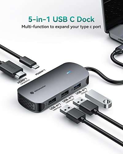Yottamaster Hub USB C 5 en 1, Adaptador USB-C PD 60W HDMI USB 3.0