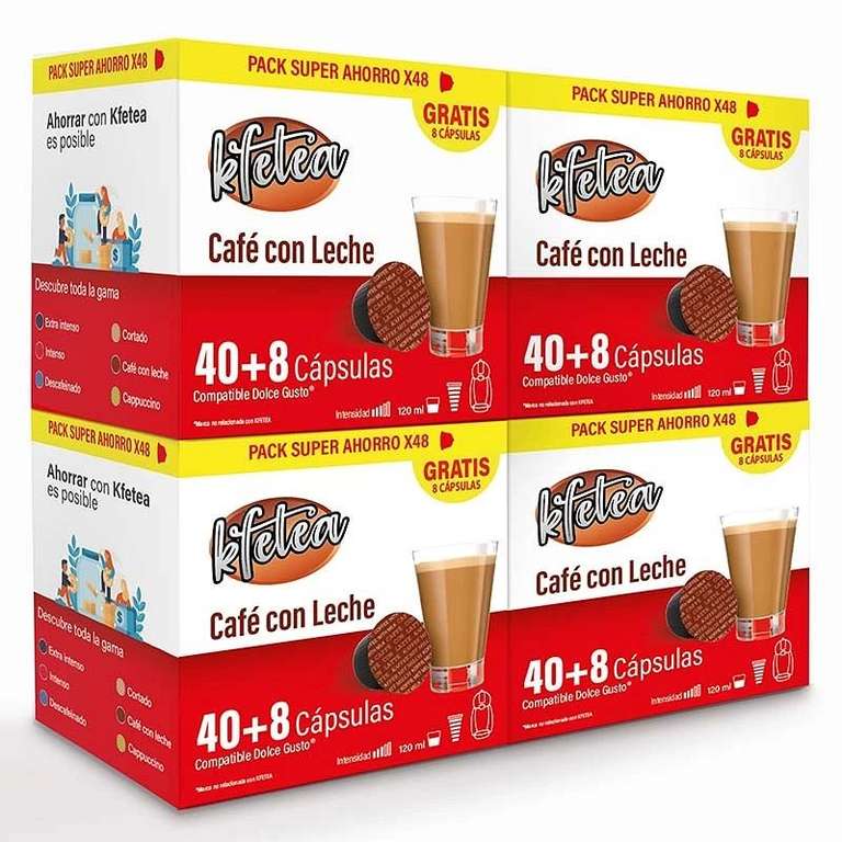 4 cajas de 48 Cápsulas de Café con leche Kfetea compatible con Dolce Gusto Intensidad 5