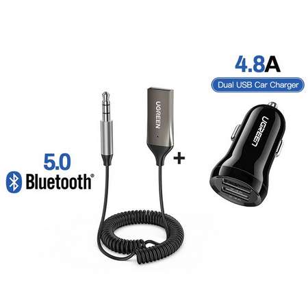 UGREEN-receptor inalámbrico con Bluetooth 5,0, adaptador manos libres, 3,5mm, AUX + Cargador Dual USB 4.8A