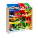 Amazon Basics - Organizador de juguetes con 12 compartimentos de plástico y Madera Natural