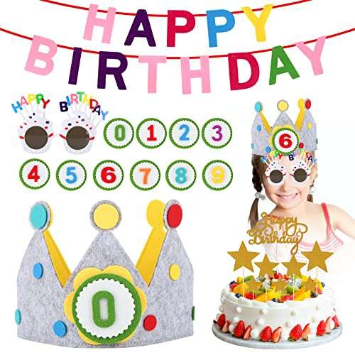 Pack cumpleaños corona reutilizable con 10 números + gafas cumpleaños + decoración adornos tarta + pancarta [Color amarillo, rosa o azul]