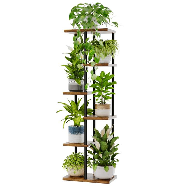 Soporte alto para plantas de interior de 6 niveles, estante de metal marrón, soporte grande para plantas múltiples alturas
