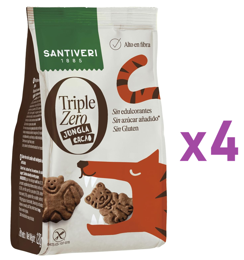 4 x SANTIVERI - Galletas Jungla Cacao Triple Zero, Sin Edulcorantes, Sin Azúcar Ni Gluten 120 g (5'41€ con más suscripciones activas)