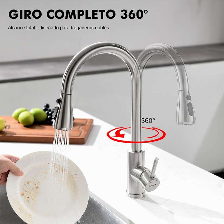 Grifo Cocina Extraíble Ibergrif M22137 – 3 Modos De Agua, Giro 360° Y Arranque En Frío (acero Inoxidable 304)