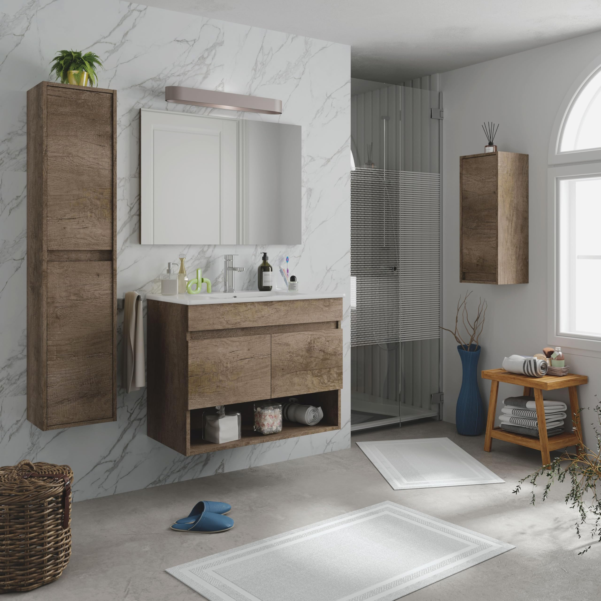 Columna de Baño Suspendido 2 Puertas, Mueble Lavabo, Modelo Thai, Acabado en Color Nordik, 30 cm (Largo) x 140 cm (Alto) x 25,5 cm (Fondo)