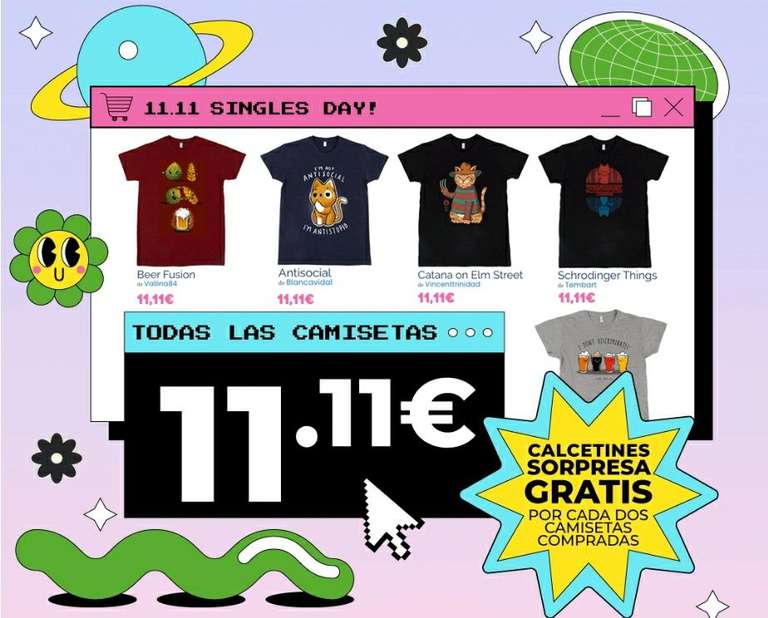TODAS LAS CAMISETAS a 11,11€ || Además, calcetines sorpresa GRATIS por cada dos camisetas compradas