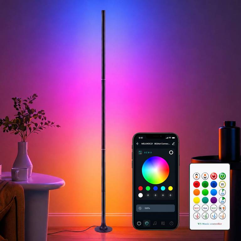 Lámpara de pie RGB para salón, 120 cm, lámpara de esquina regulable con aplicación inteligente y