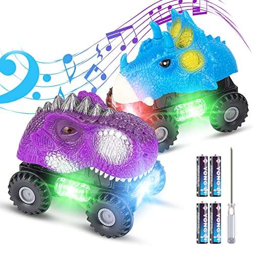 (2 Piezas) Dinosaurio Coche, Juguete para Niños, con luz LED, Controlable, con Sonidos y música