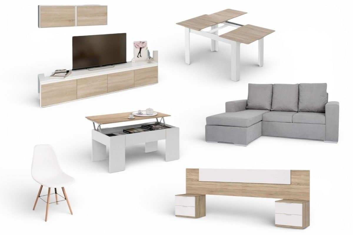 Piso completo 13 - CANYON MEDITERRANEO (CH Canyon Gris) Mueble de salón + Mesa salón y centro + 4 Sillas + Cabecero y mesitas + Chaiselongue