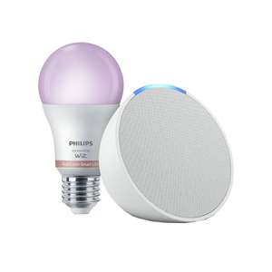 Echo Pop Altavoz inteligente con Alexa, Blanco + Bombilla inteligente Philips Smart LED,