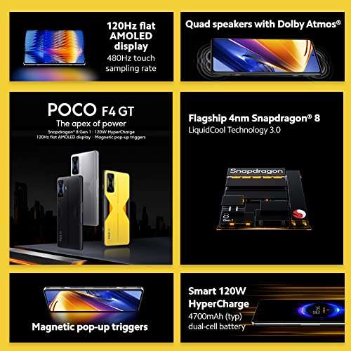Poco F4 GT 5G - 8+128GB, Pantalla 6.67” 120Hz E4 AMOLED, Snapdragon 8 Gen 1, Triple Cámara de 64MP, 4700mAh, 120W