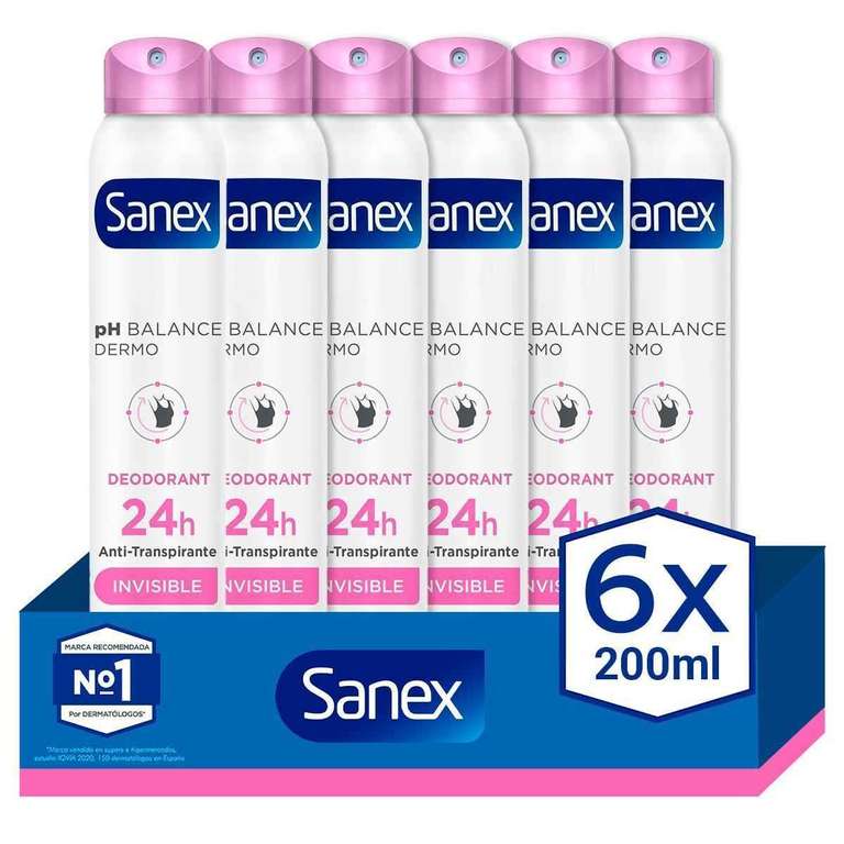 Seis Desodorantes spray Sanex pH Balance Dermo Invisible protección 24h 200ml