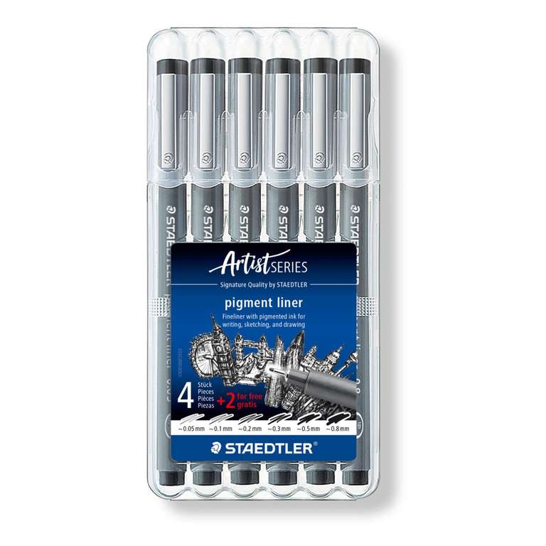 Staedtler 308 SB6P, Rotuladores Fineliner Pigment Liner, Estuche con 6 unidades, Color Negro. Tinta pigmentada permanente en seis grosores