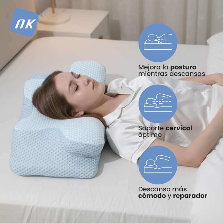 Almohada Cervical - Espuma 50D, Diseño Ergonómico para Dormir Mejor y Aliviar Dolor, Alivio del Estrés, 60x34x13 cm - Azul/Blanco