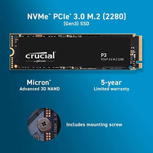 Crucial P3 4TB M.2 PCIe Gen3 NVMe SSD interno, Hasta 3500MB/s - CT4000P3SSD8