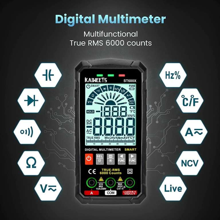 Multímetro Digital KAIWEETS ST600X (pinza amperimétrica HT200B por 6,99€ en descripción)