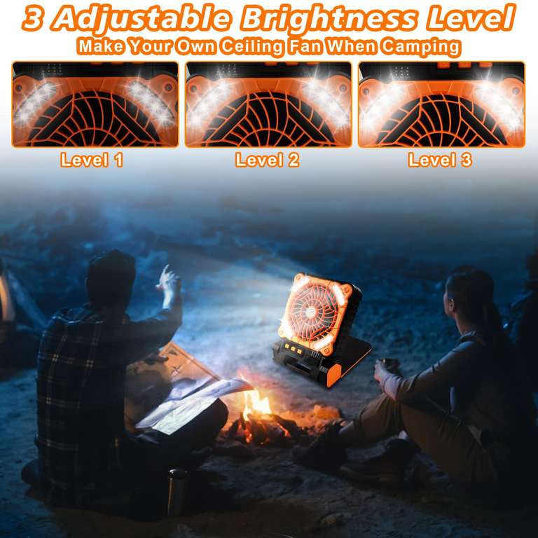 Ventilador de Acampar con Linterna LED, Ventilador Solar con Asa, Ventilador USB 4 en 1, Ajuste de 90°, 4 Velocidades