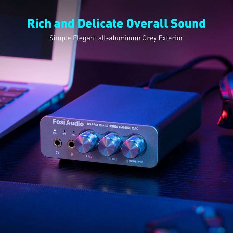 Fosi Audio-amplificador de auriculares, Mini DAC para PS5, DAC de juegos USB con micrófono, altavoces activos alimentados, K5 PRO