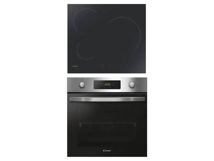 Pack Horno + Inducción Candy Inox (Pirolítico + Aqualisis 70L, placa 3 zonas, zona gigante 29 cm, mandos táctiles, en MediaMarkt)