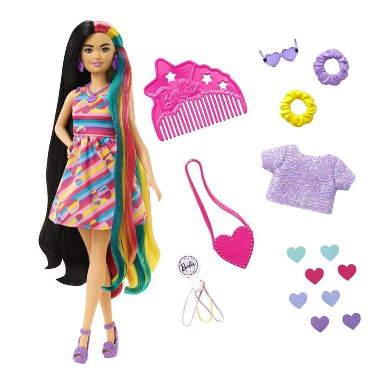 Barbie Totally Hair Pelo extralargo con vestido, melena arcoíris y accesorios