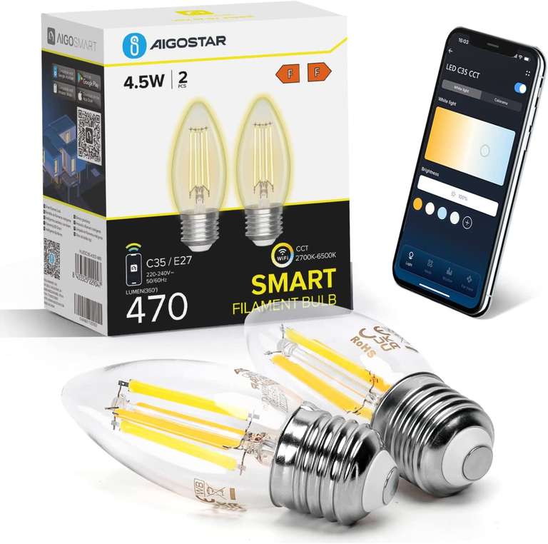 2x Bombillas Aigostar E27 Edison compatibles con Alexa y Google Hombe