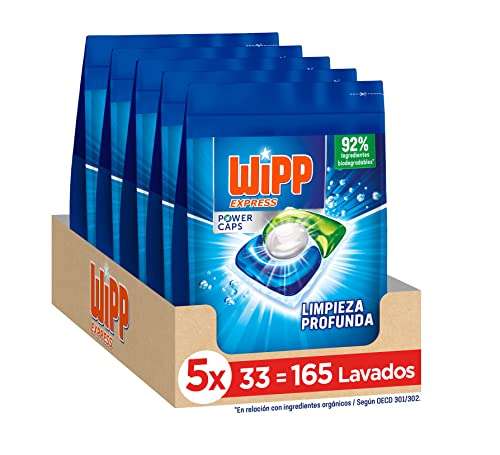 Wipp Express Power Caps Detergente en Cápsulas para Lavadora, Pack de 5, Total 165 Dosis (0.21€ cada cápsula)