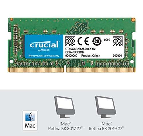 Crucial CT16G4S266M - Memoria para Mac de 16GB (DDR4, 2666 MT/s, PC4-21300, CL19, Dual Rank x8, SODIMM, 260-Pines)