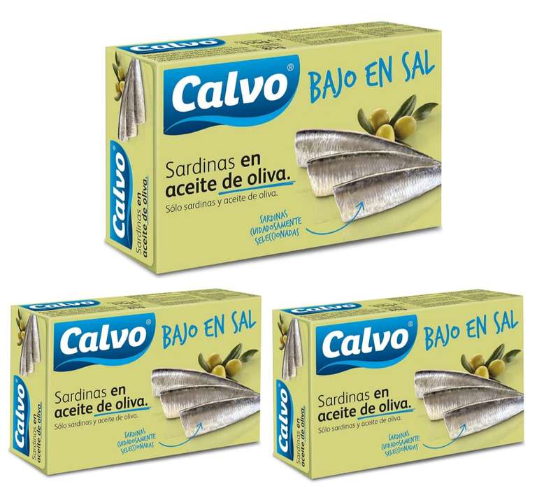 3 x Calvo Sardinas en Aceite de Oliva Baja en Sal 120g [Unidad 1'13€]