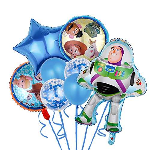 8 x Toy Story Globos Party [1* globo Buzz Lightyear (51x70 cm), 7* Globos redondos, confeti, estrella... ,1* cinta]