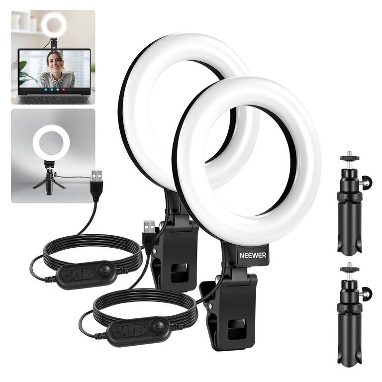 NEEWER BÁSICO 5″ Aro Luz para Luz Videoconferencias, Paquete de 2 Clip on Luz Kit con Trípode Escritorio para Monitor Portátil Zoom, BR60