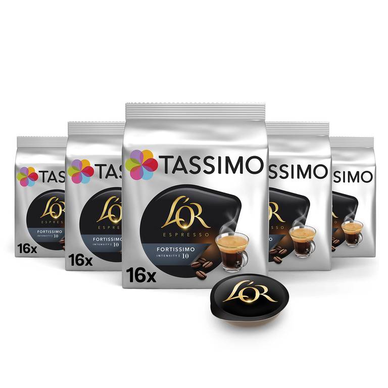 Tassimo Cápsulas de Café L’OR Espresso Fortissimo | 80 Cápsulas Compatibles con Cafetera Tassimo – Intensidad 10 – 5PACK – Amazon Exclusive