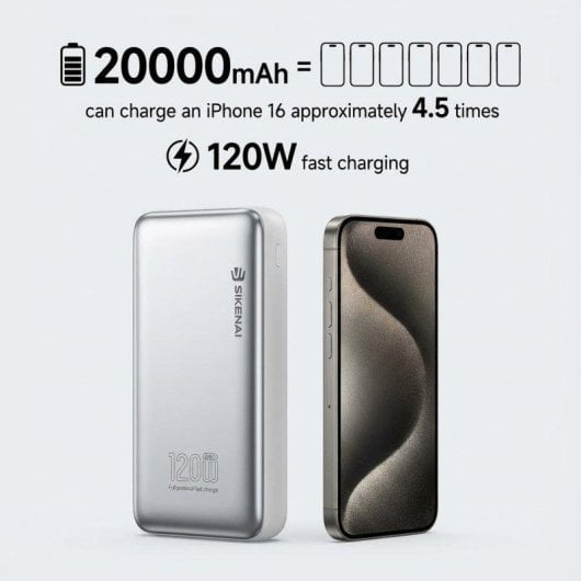 Power Bank Sikenai 20000 mAh 120W Carga Rápida 2 Cables Integrados