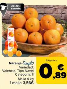 Naranja Simply origen Valencia malla 4kg en Carrefour (0,89€/kg)