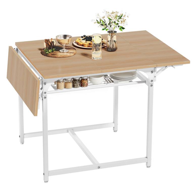 Mesa de Comedor Plegable con Estante de Almacenamiento y 4 Patas Ajustables, para 2-6 Personas, 120 x 78 x 75 cm, Roble Amarillo y Blanco