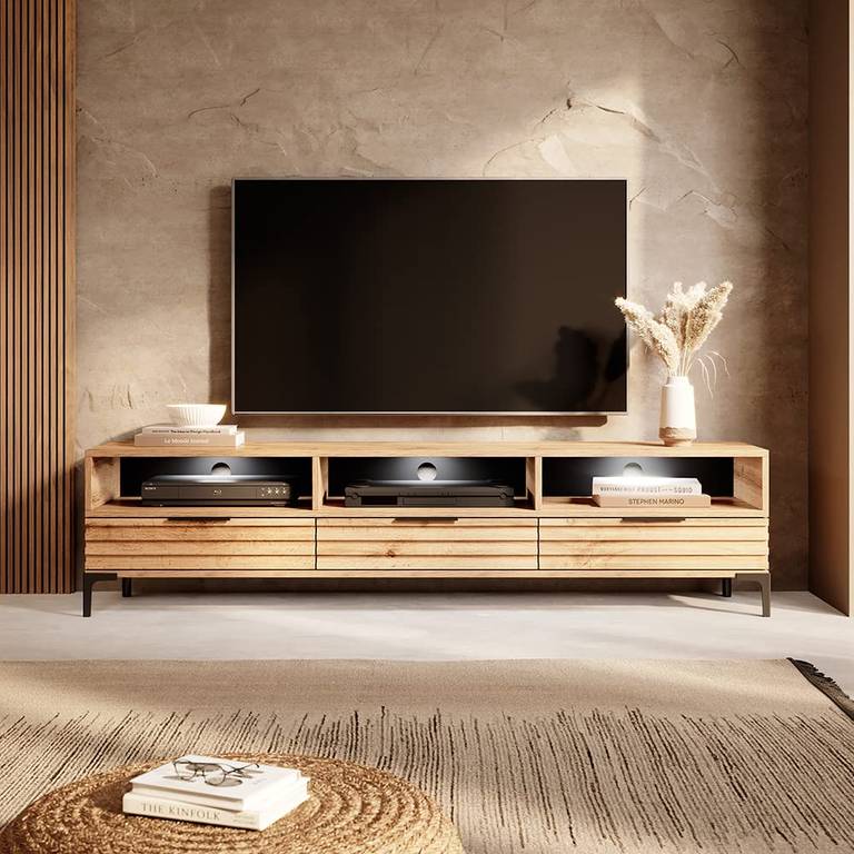 Selsey – Mueble de TV con LED | 39 x 160 x 31,5 cm | Patas y asas de metal | fabricado en paneles de aglomerado de melamina; borde ABS.