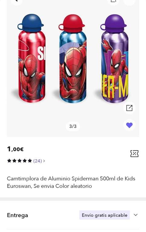 Botella, cantimplora Spiderman. Color aleatorio.