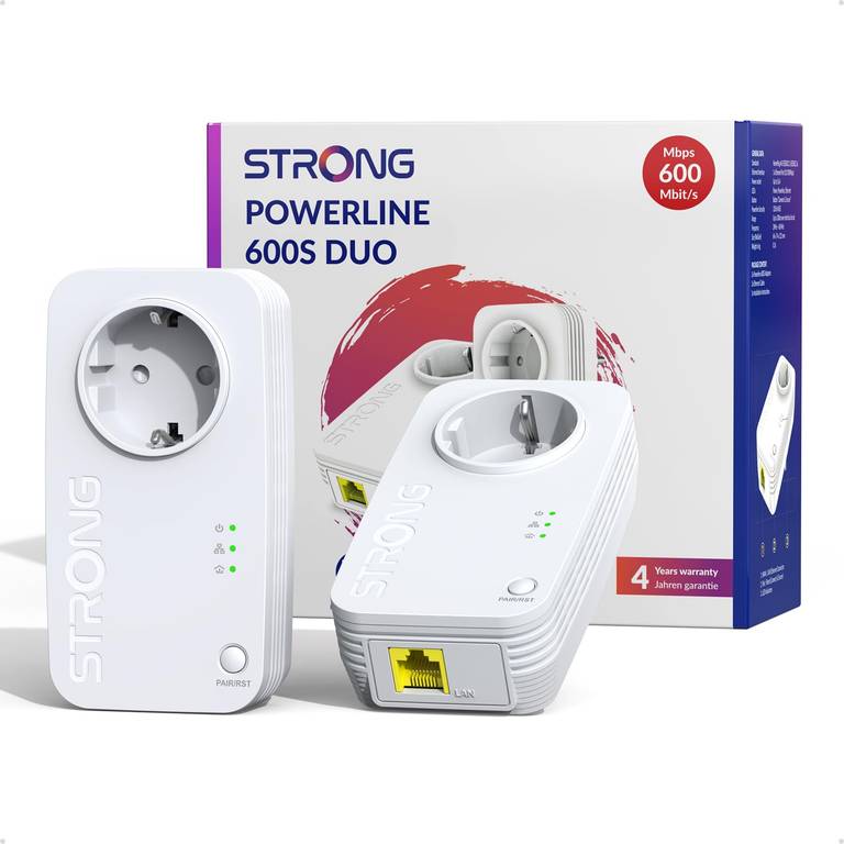 Strong AV600 Adaptador Powerline Set con Enchufe, PLC HomePlug AV2, Sin WiFi, Plug & Play, Enchufe Integrado, Modo de Ahorro de Energía