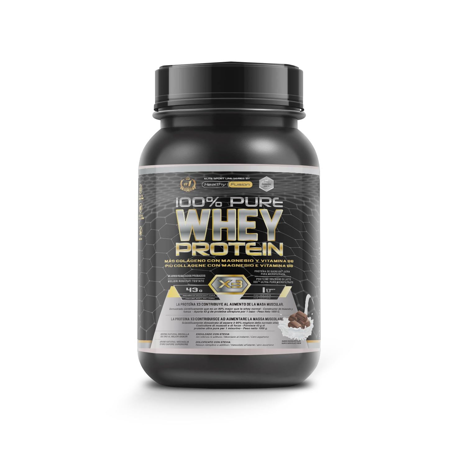 Proteína Whey Healthy Fusion Chocolate 1000g (concentrado puro de suero con Colágeno y Magnesio, masa muscular y articulaciones, 1kg)