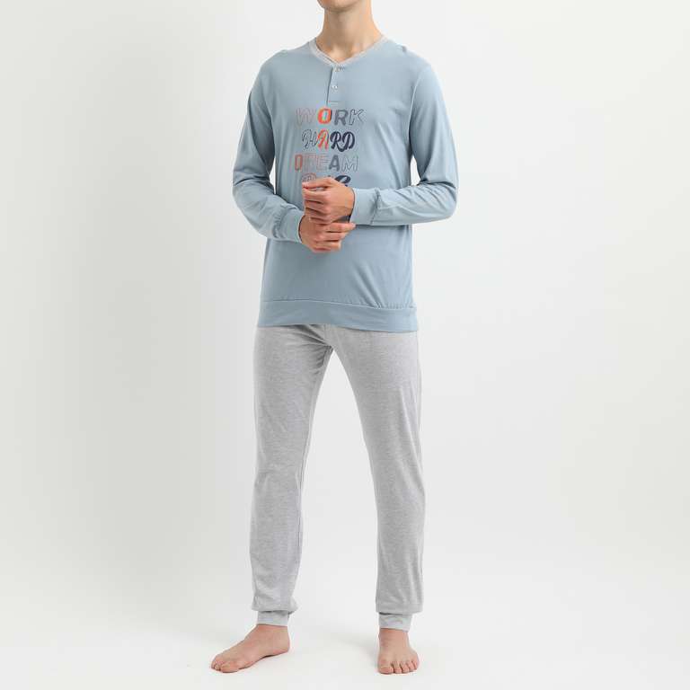 COTONELLA. Pijama de 2 piezas - celeste y gris jaspeado