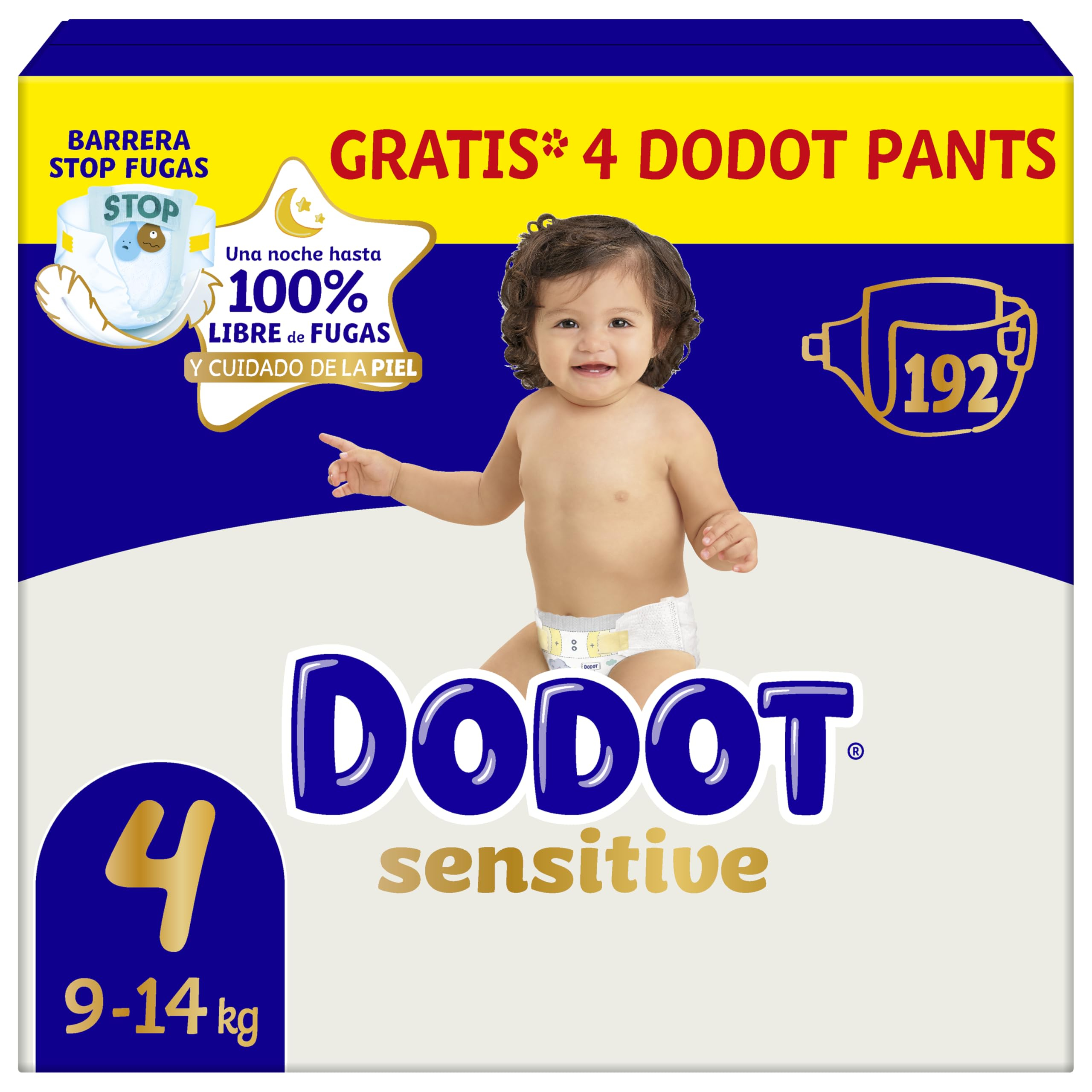 Dodot Pañales Bebé Sensitive, Talla 4 (9-14 kg), 192 Pañales + 4 Pants de Regalo, Hasta 12 h De Protección Antifugas y Cuidado de la Piel