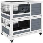 PawHut conejera de madera con ruedas 90x53x97 cm, 2 niveles, gris y blanco