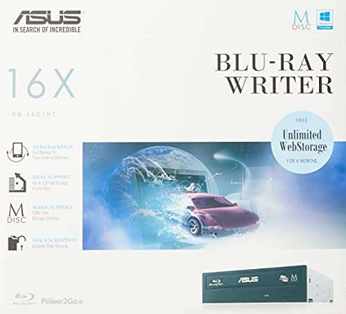 Grabadora de Blu-ray, ASUS BW-16D1HT 16X - compatible con M-DISC, encriptación de disco, almacenamiento web ilimitado (12 meses)