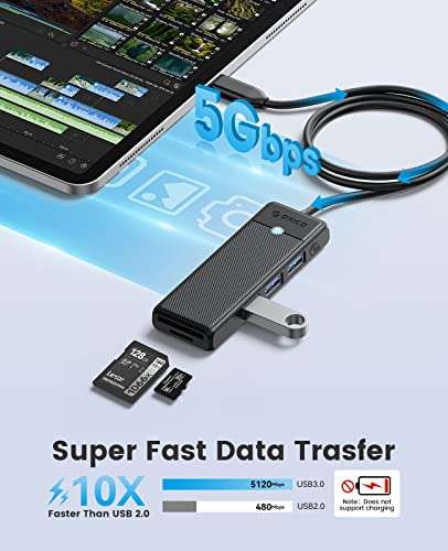 ORICO USB 3.0 Hub, USB C Verteiler con SD/TF Card Rénder, 3 Puertos USB 3.0 Mini USB Splitter, USB Expander